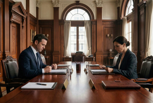 Tense international negotiations between male and female diplomats in a formal boardroom. Government officials discussing a peace treaty during a global geopolitical crisis.