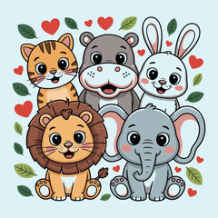 Cute Cartoon Animals Group Sitting Together with Hearts and Leaves Illustration