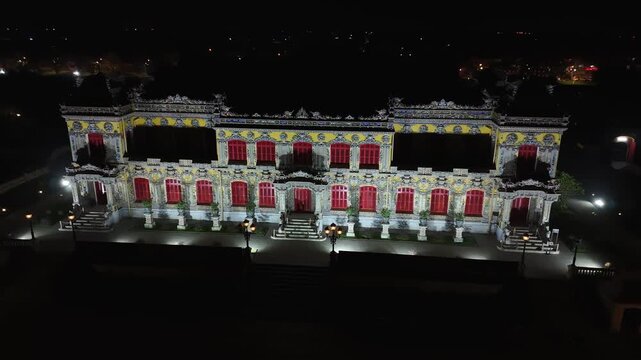 Aerial view of kien trung palace at night in the imperial city of hue, a unesco world heritage site in vietnam