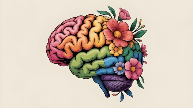 Human brain with spring colorful flowers. World Mental Health day banner. Concept of mental health, self care, happiness, harmony, positive thinking, creative mind. Generative ai.