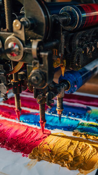 Close-up of an industrial printing machine applying colorful ink on fabric.