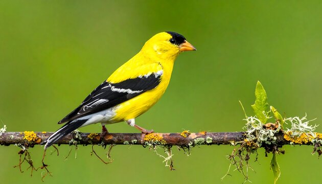 A vibrant yellow finch perched on a lichen-covered branch against a soft green background