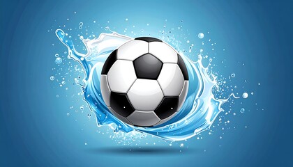 Fototapeta premium A black and white soccer ball is shown with a splash of water on a gradient blue background