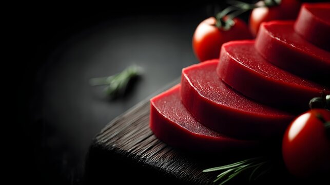 Neatly arranged vegan meat slices on a bamboo cutting board, beautifully garnished for an appealing presentation.