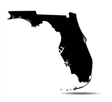 A silhouetted black map of Florida on a white background with a shadow
