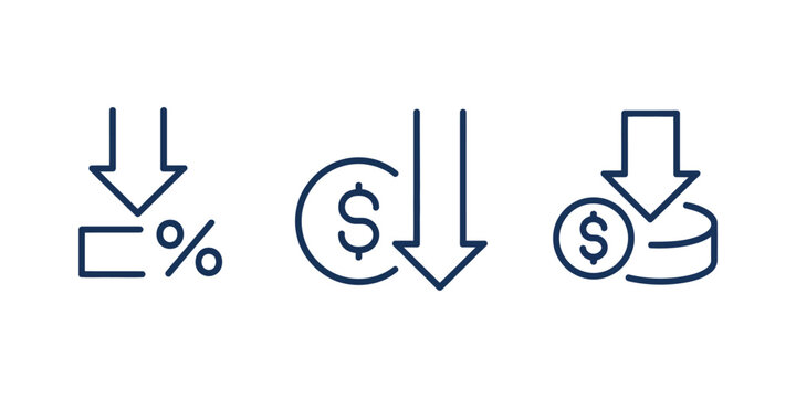 Cost reduction icon, price decrease arrow, vector line illustration representing low cost, money saving, budget optimization, financial strategy