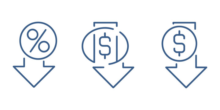 Cost reduction icon, price decrease arrow, vector line illustration representing low cost, money saving, budget optimization, financial strategy