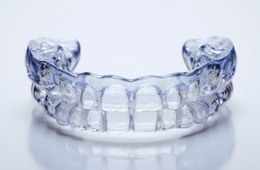 Clear, custom-fit, transparent dental retainer on a bright, reflective white surface