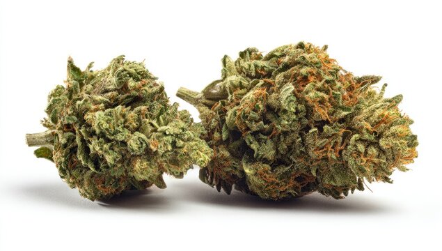 Close-up of two cannabis buds with visible trichomes, against a white backdrop