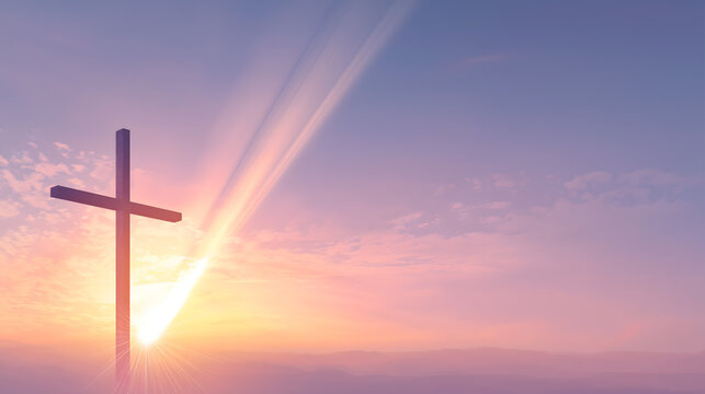 A serene cross stands tall against a vibrant sunset rays of light