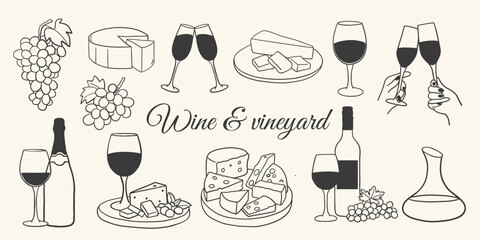Naklejka premium Hand drawn wine and vineyard doodle set. Grapes, wine glasses, bottle, cheese plate, champagne toast, decanter and vineyard icons. Vintage line art food and drink. Vector Illustration