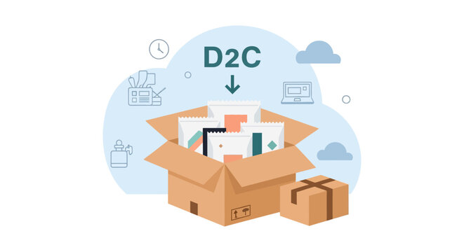 D2C (Direct-to-Consumer) E-commerce Business Model with Product Packages in a Shipping Box, Online Retail & Logistics Concept Vector Illustration