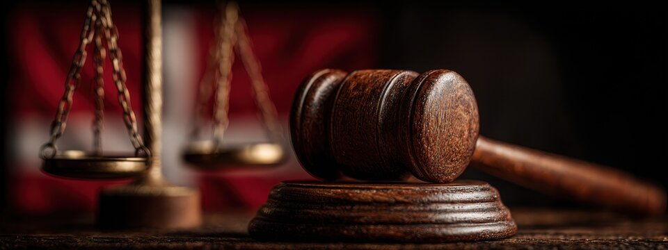 Courtroom setting shows gavel and scales of justice on wooden table with blurred flag in background during evening session