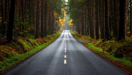 Fototapeta premium An asphalt road stretches through a dense forest, lined with tall, slender trees, leading towards a brighter, misty horizon