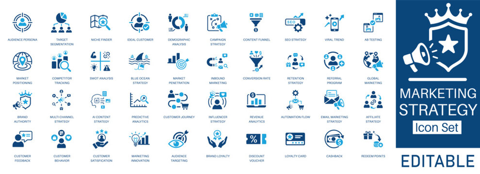 Marketing Strategy and Digital Marketing icon set. Includes symbols for SEO, AI Content, Inbound Marketing, and Target Audience. Solid glyph vector icons for branding, analytics, and business projects