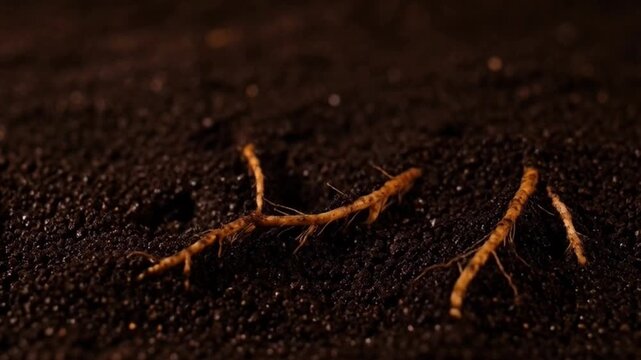 Close up of ant crawling across earthy surface in low light