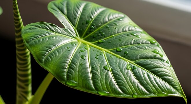 Large Green Elephant Ear Leaf with Water Droplets and Striped Stem plant