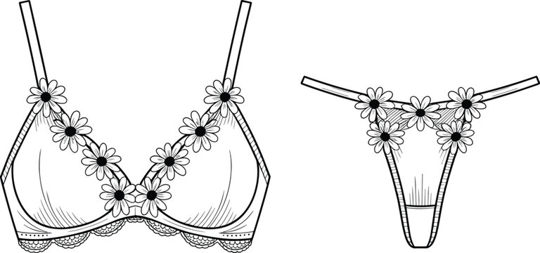 Floral lace women lingerie set hand drawn vector illustration, daisy decorated bra and thong underwear fashion sketch, female intimate apparel line art