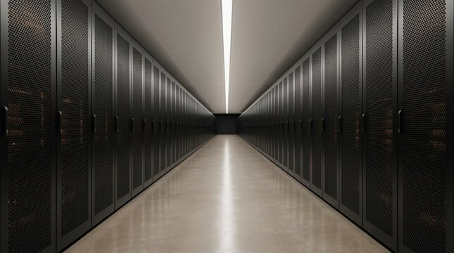 View down a long dark hallway of server racks in a modern data center with a clean floor and linear ceiling lights, IT infrastructure concept, data storage.