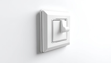 Close-up of a white light switch on a white wall, slightly angled, with the switch on