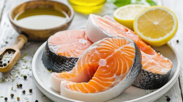 Fresh salmon fillets on white plate. Bright orange flesh, dark skin, clean cuts. Sliced lemon and oil bowl beside the fish. Black pepper and green peppercorns scattered nearby