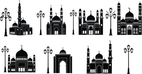 Silhouettes of various mosque buildings with minarets and domes featuring ornate crescent moons and traditional vintage street lamp posts. © Md Baccu