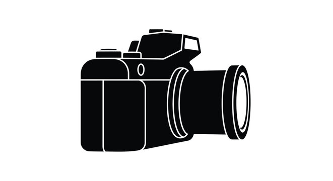 Black silhouette of a digital single lens reflex camera on a white background