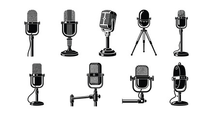 Collection of vintage microphones in black and white illustrations © MdNirob