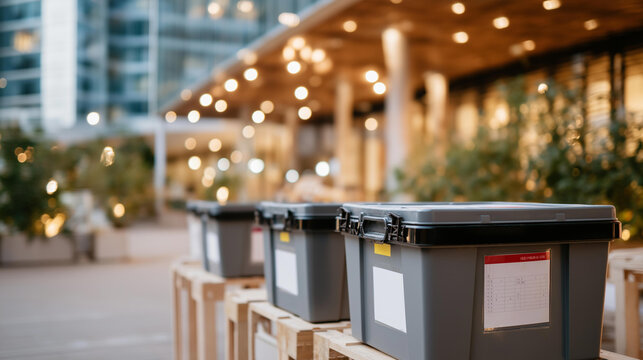 Closed polling station after election day with ballot boxes being collected by officials in evening light, perfect for democratic process concept, closed voting, election completion, modern