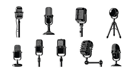 Collection of vintage microphones in black and white illustrations © MdNirob
