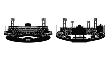 Black and white silhouette of a baseball stadium duplicated for symmetry © Soleman