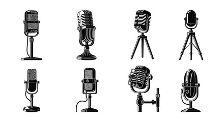 Collection of vintage microphones in black and white illustrations © MdNirob