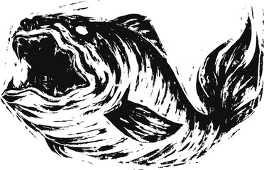 Fototapeta premium Aggressive fish illustration with open mouth and detailed fins in black and white ink