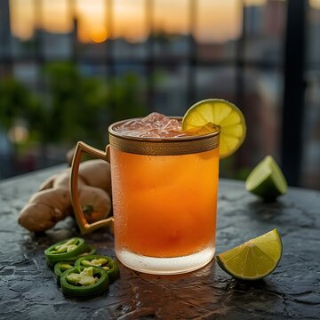 Spicy Mezcal Mule: A smoky mezcal mule served in a frosted copper mug with a heavy condensation layer. ,Mezcal and Ginger Beer. Jalape�o slices, fresh ginger root, lime wedges, dark stone tabletop, ur