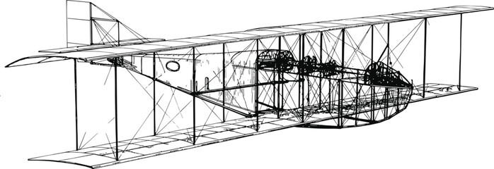 Vintage Engraving Of Early Biplane Aircraft Featuring Detailed Line Art Technical Sketch For Aviation History Flight Engineering And Antique Aerospace Transportation Design Projects © MstShefaly