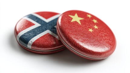 Two buttons with flags of Norway and China showing friendship in international relations and culture exchange