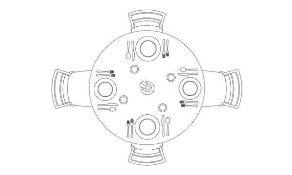 Round Dining Table for Four CAD Block: Top View 2D Layout with Chairs and Place Settings for Architectural Interior Design