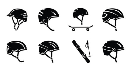Collection of black and white helmet icons for various sports activities © MdNirob