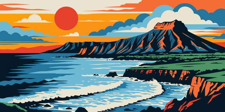 Diamond Head Volcanic Crater Sunrise Panorama &ndash; USA | United States Hawaii Ocean Overlook, Golden Horizon & Iconic Oahu Landmark