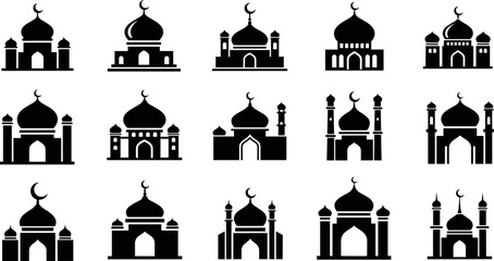 Mosque silhouette icon set with crescent moon domes and minarets, Islamic architecture landmarks collection, Ramadan and Eid religious building symbols vector illustration © MDSOBUJ