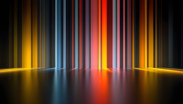 Abstract vertical light columns in red blue and yellow on a dark reflective floor creating a futuristic tunnel effect with strong lines and vibrant color accents