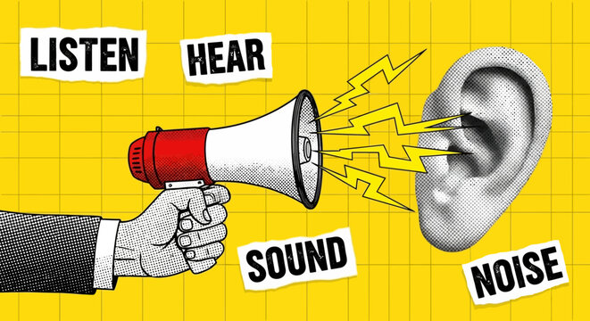Hand holding megaphone with sound waves reaching an ear.