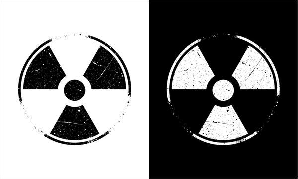 Distressed radioactive symbol in black and white grunge style.