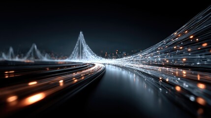 Obraz premium Abstract 3D visualization of digital bridge connecting 3D warehouse to a consumer smartphone with glowing light trails representing integrated supply chain and immersive retail technology art 