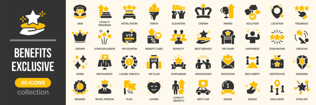 Benefits and exclusive fill icon collection. Includes loyalty program, VIP club, rewards, bonus, premium service and membership benefits symbols. Created in colored style with yellow palette