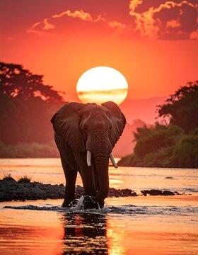 An African elephant strides through a river at sunset, the golden sun framing its silhouette. The landscape reflects the sky's colors