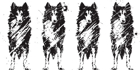 abstract black and white rough sketch of standing fluffy dogs in artistic grunge