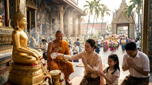 Family making offerings to a monk in front of a golden Buddha statue at a temple