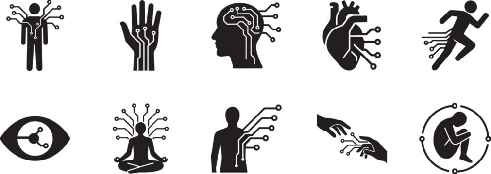 Man cyborg and wire icon set. Futuristic human robot technology thin line vector symbols collection.