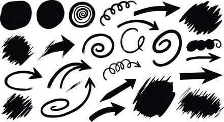 Fototapeta premium Collection of black arrows and swirls on a white background for design and artistic use